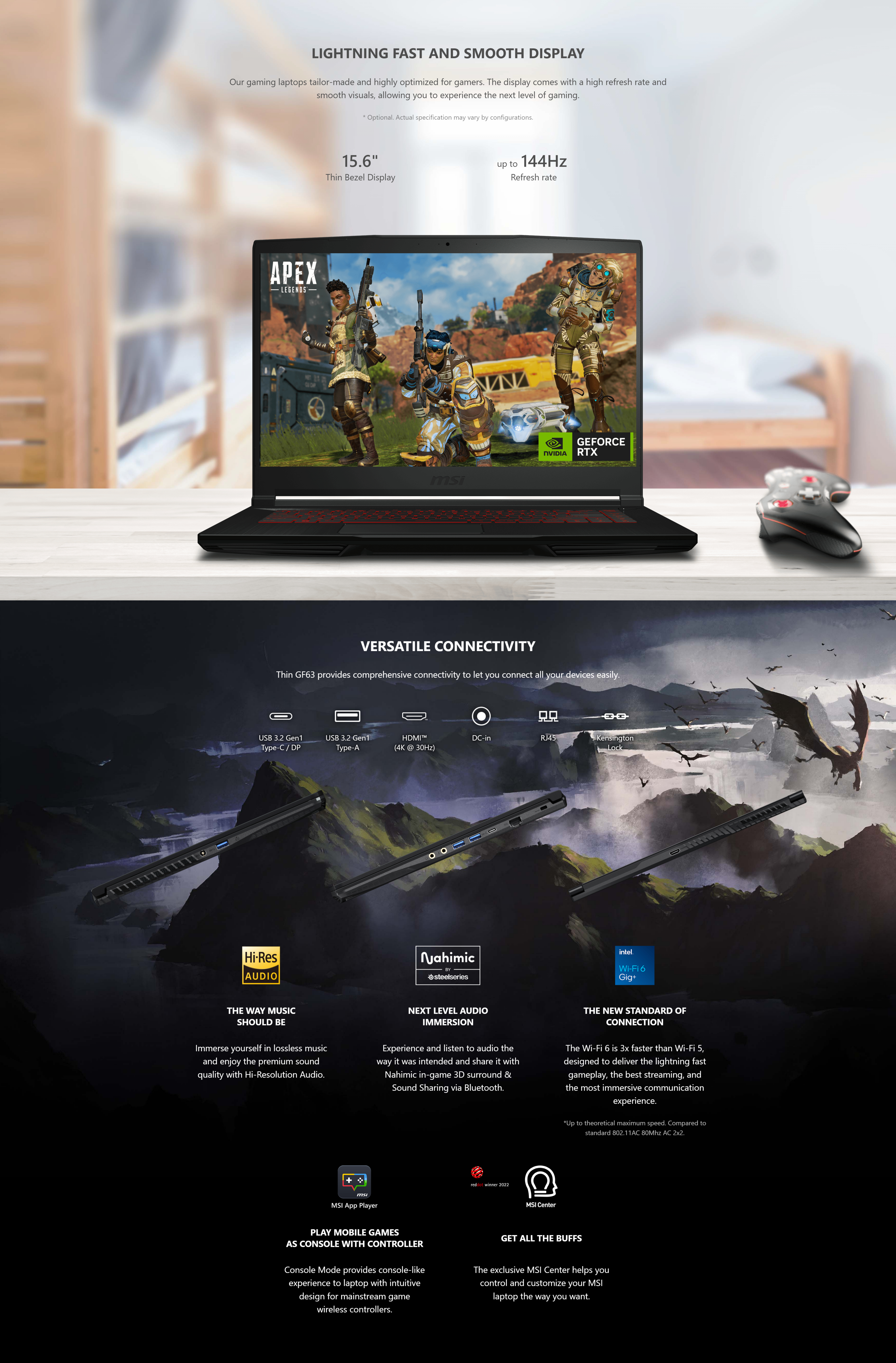 A large marketing image providing additional information about the product MSI Thin GF63 (13UC) - 15.6" 144Hz, 13th Gen i5, RTX 3050, 16GB/512GB - Win 11 Gaming Notebook - Additional alt info not provided